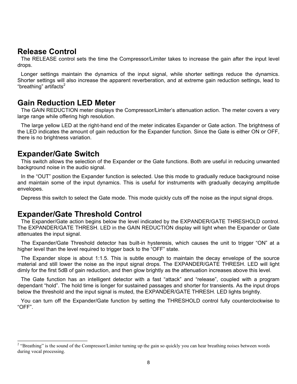 Release control, Gain reduction led meter, Expander/gate switch | Expander/gate threshold control | ART Pro Audio VoiceChannel - Tube Channel Strip with Digital Outs User Manual | Page 9 / 20