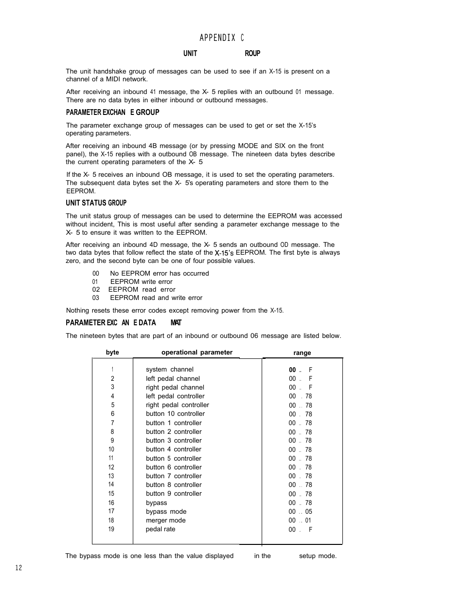 Unit handshake group, Parameter exchange group, Unit status group | Parameter exchange data format, Appendix c | ART Pro Audio X-15 - Ultra MIDI Controller Pedal User Manual | Page 13 / 15