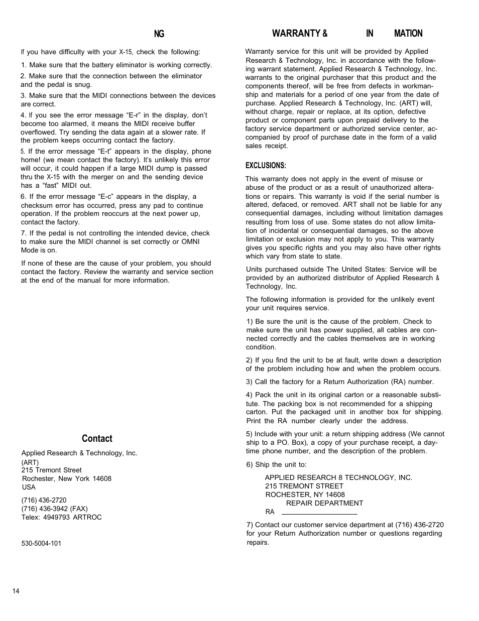 Troubleshooting, Warranty and service info, Troubleshooting warranty & service in formatlon | Contact information | ART Pro Audio X-15 - Ultra MIDI Controller Pedal User Manual | Page 15 / 15