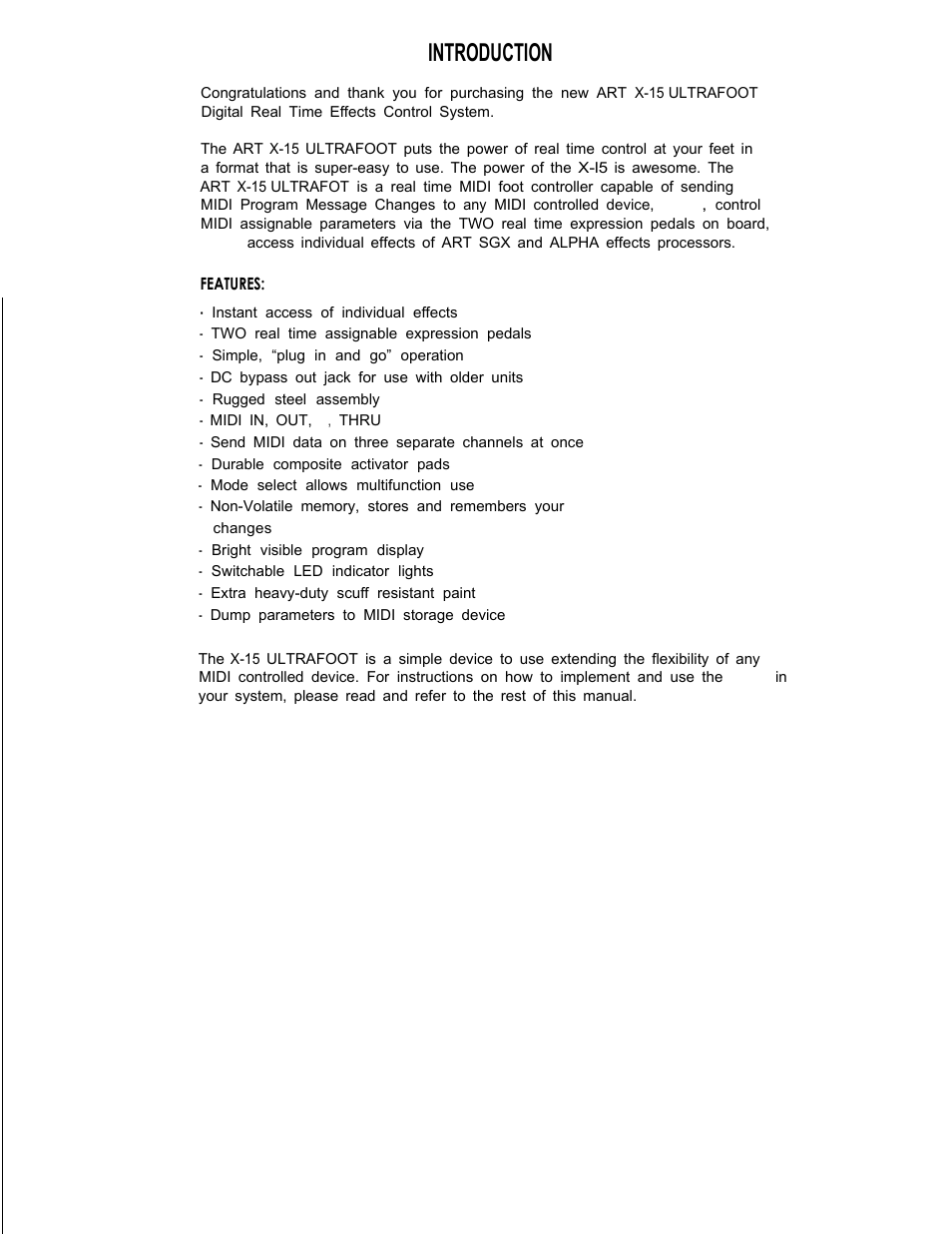 Introduction, Introduction 1 | ART Pro Audio X-15 - Ultra MIDI Controller Pedal User Manual | Page 2 / 15