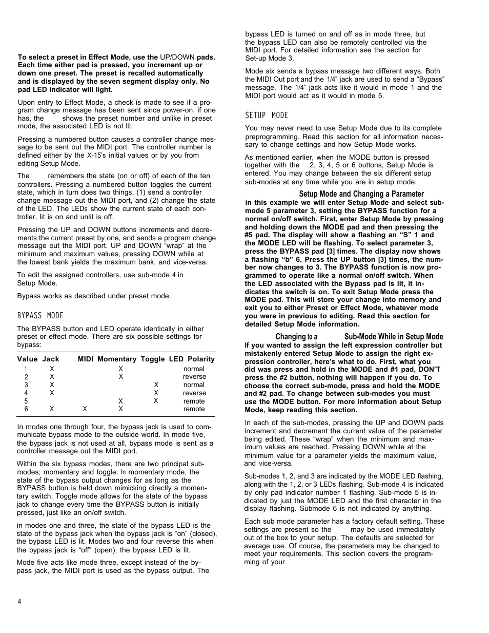 Effect mode, Bypass mode, Setup mode | Effect mode 4 bypass mdde 4 setup mode 4 | ART Pro Audio X-15 - Ultra MIDI Controller Pedal User Manual | Page 5 / 15