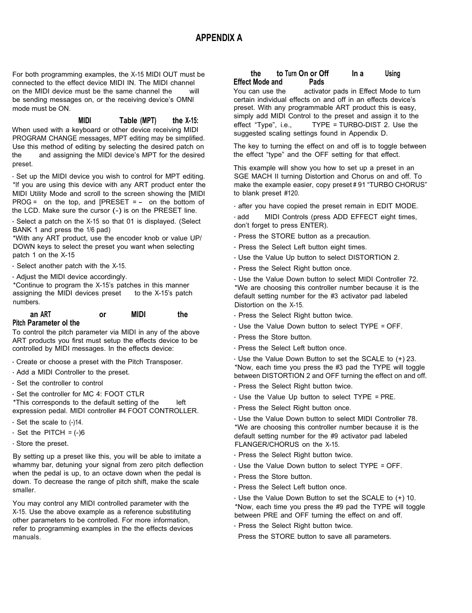 Appendix a, Programming examples, Example 1 | Example 2, Example 3, Edit controlled device's midi program table (mpt), Wlth the x-15 8, Setup an art multiverb, dr-x, or sge for, Using the x-15 to turn on or off effects in, A preset uslng effect mode and activator 8 | ART Pro Audio X-15 - Ultra MIDI Controller Pedal User Manual | Page 9 / 15