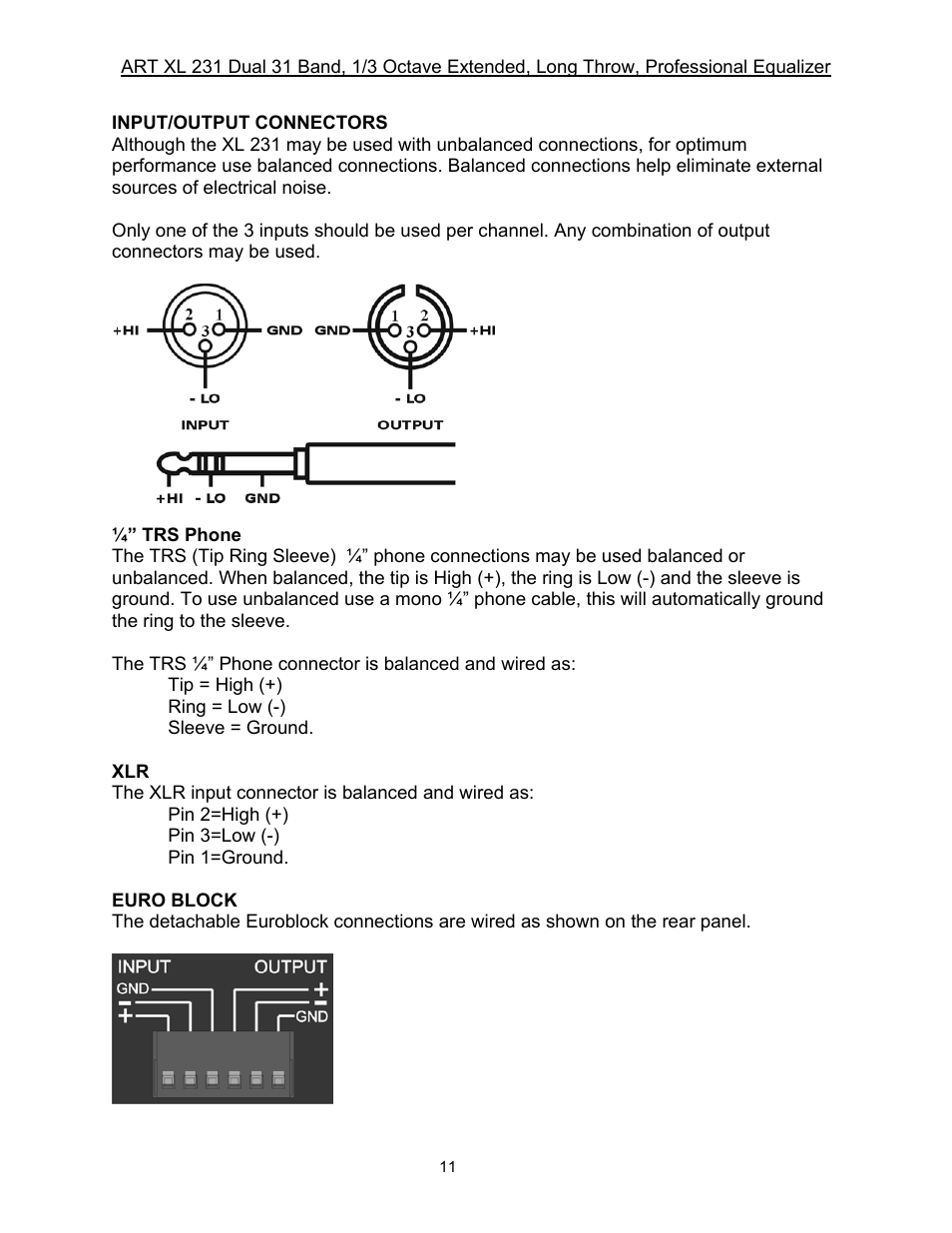 ART Pro Audio XL231 - Dual 31-Band, 1/3 Octave, Graphic EQ User Manual | Page 11 / 20