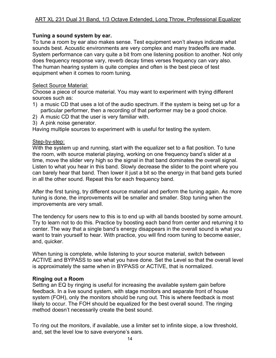ART Pro Audio XL231 - Dual 31-Band, 1/3 Octave, Graphic EQ User Manual | Page 14 / 20