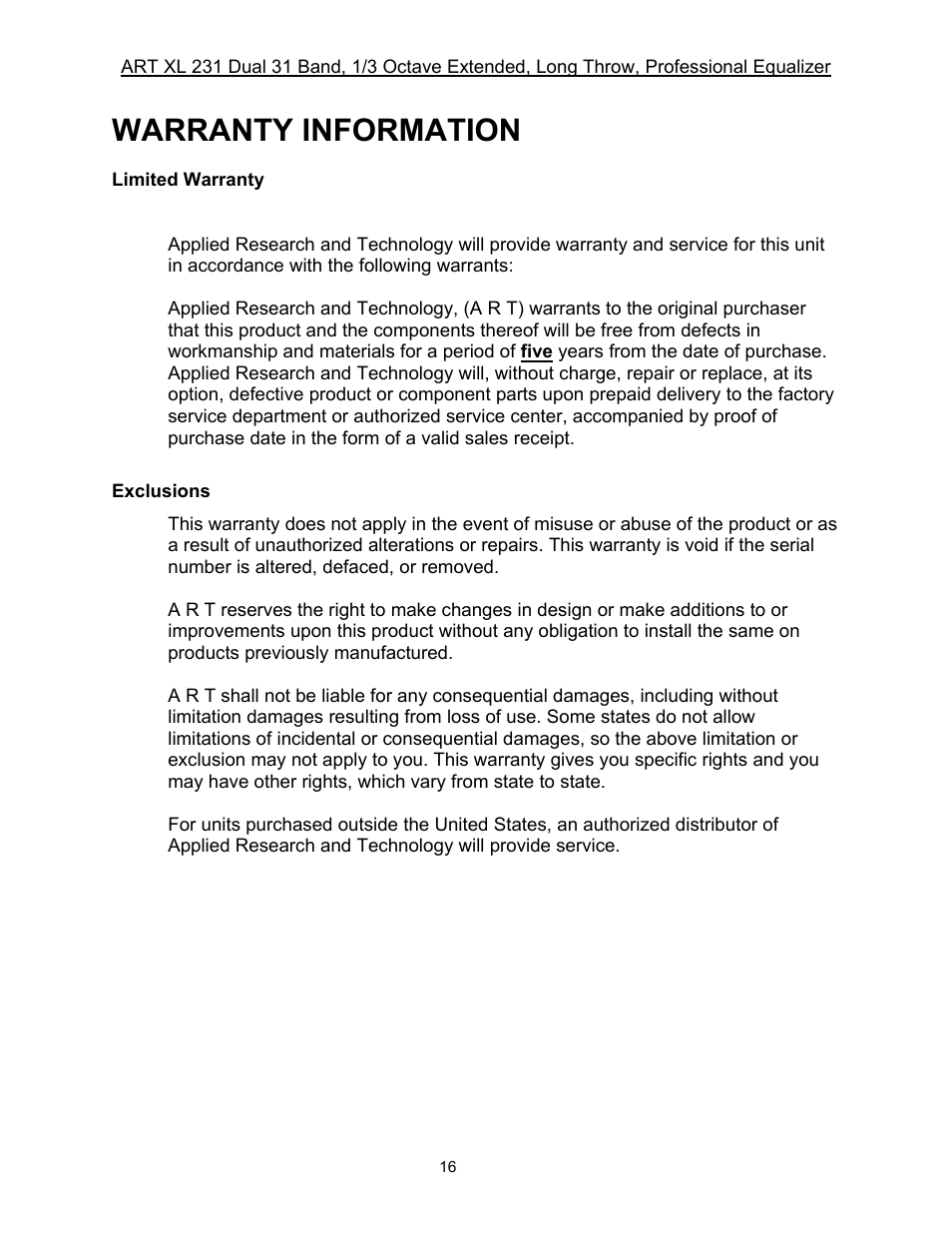 Warranty information | ART Pro Audio XL231 - Dual 31-Band, 1/3 Octave, Graphic EQ User Manual | Page 16 / 20