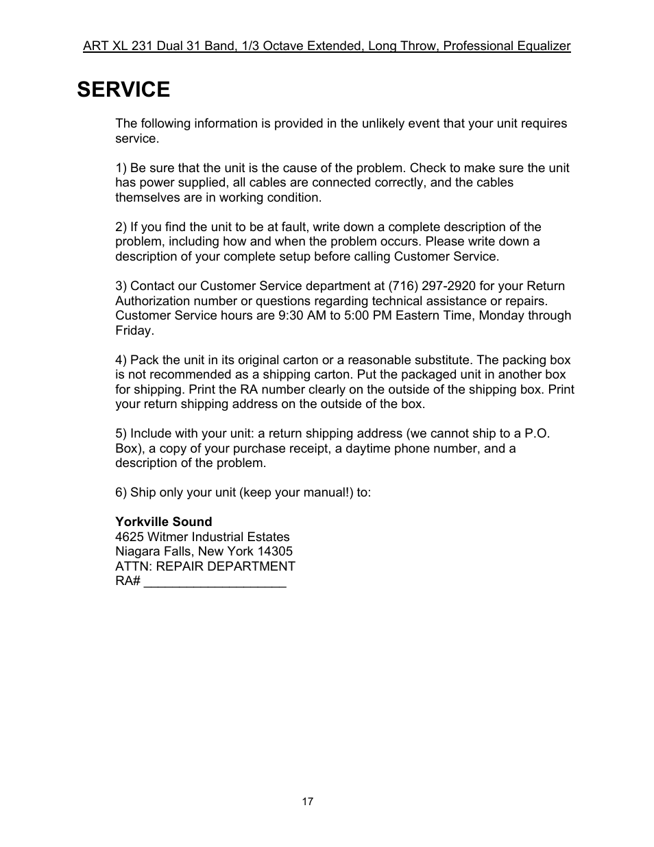 Service | ART Pro Audio XL231 - Dual 31-Band, 1/3 Octave, Graphic EQ User Manual | Page 17 / 20