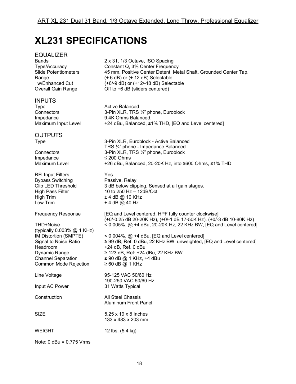 Xl231 specifications | ART Pro Audio XL231 - Dual 31-Band, 1/3 Octave, Graphic EQ User Manual | Page 18 / 20