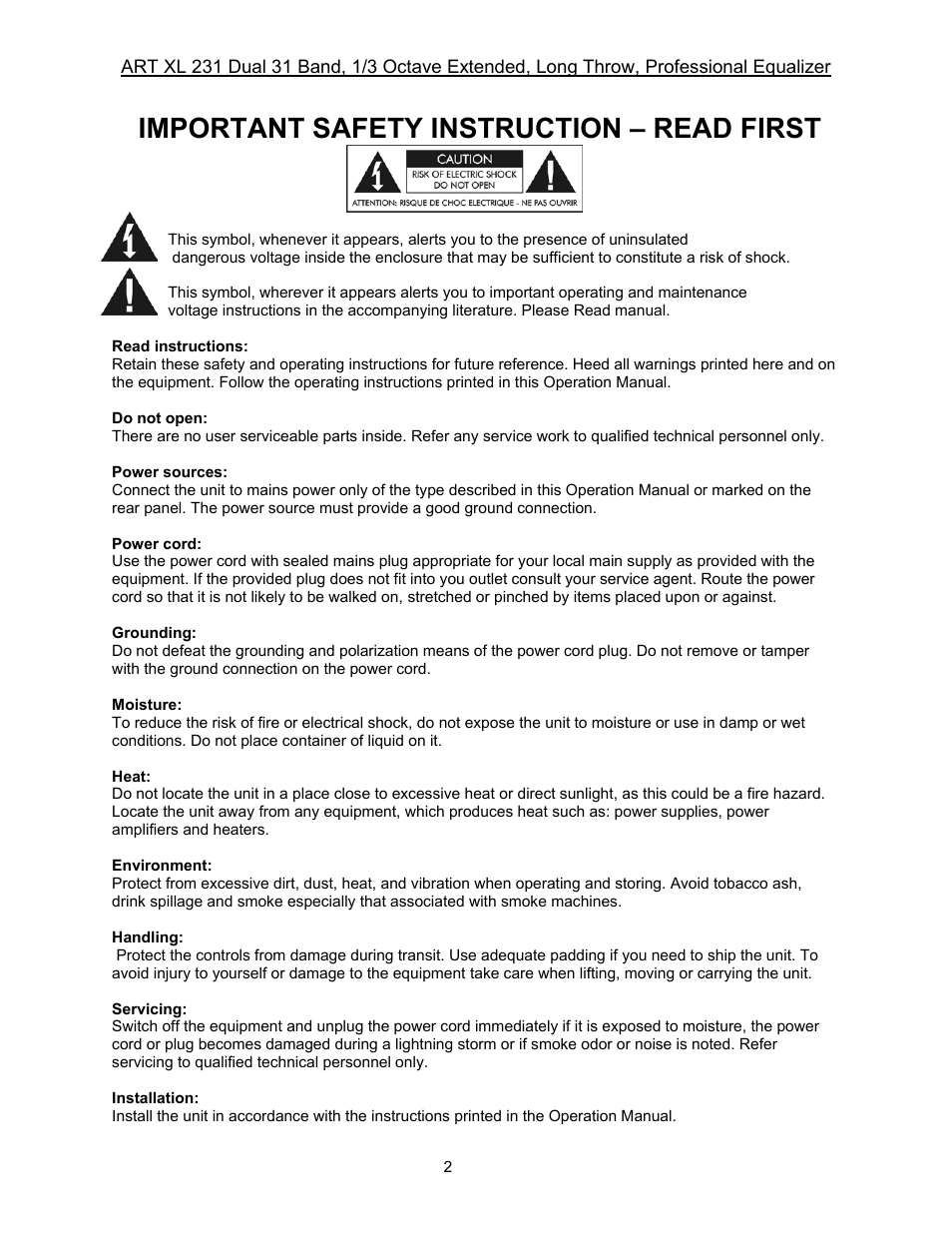 Important safety instruction – read first | ART Pro Audio XL231 - Dual 31-Band, 1/3 Octave, Graphic EQ User Manual | Page 2 / 20