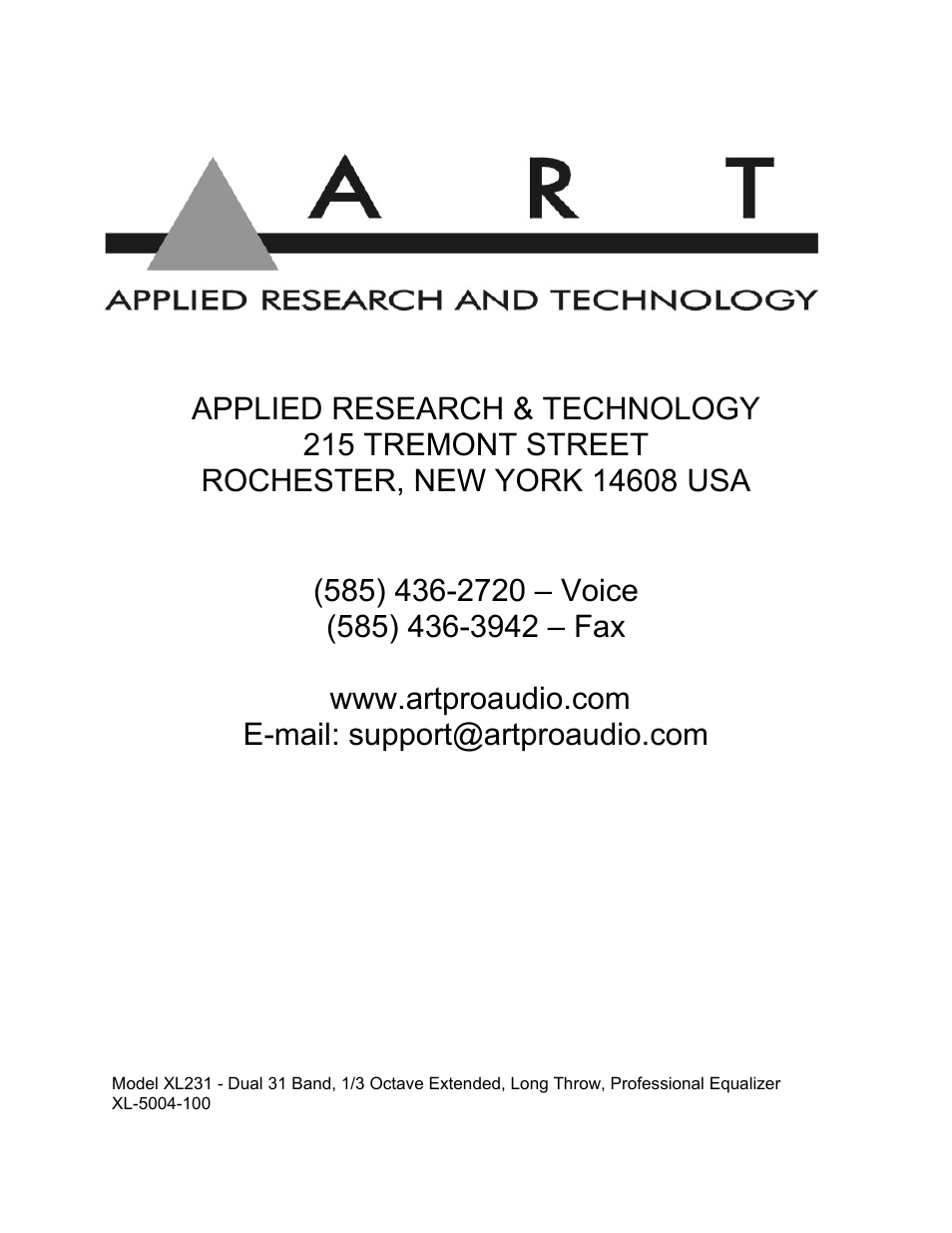 ART Pro Audio XL231 - Dual 31-Band, 1/3 Octave, Graphic EQ User Manual | Page 20 / 20