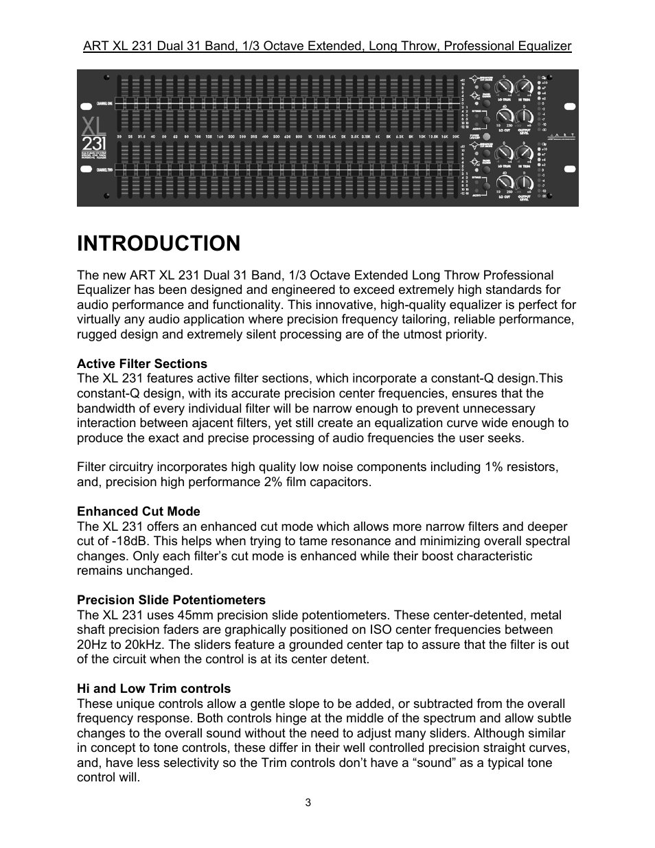 Introduction | ART Pro Audio XL231 - Dual 31-Band, 1/3 Octave, Graphic EQ User Manual | Page 3 / 20