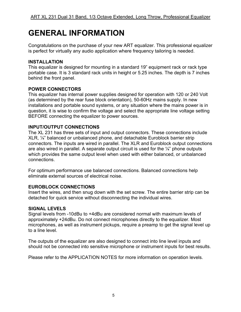 General information | ART Pro Audio XL231 - Dual 31-Band, 1/3 Octave, Graphic EQ User Manual | Page 5 / 20