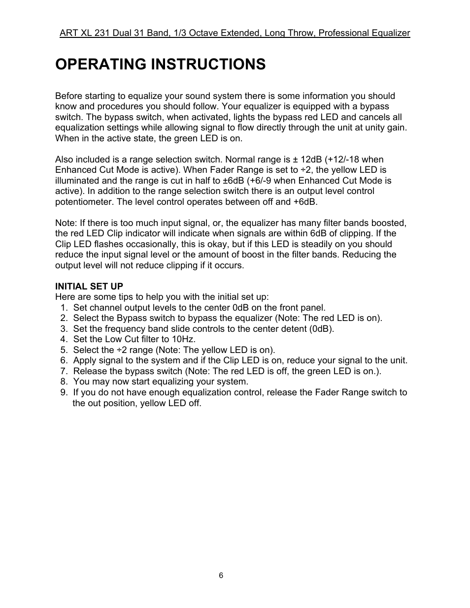 Operating instructions | ART Pro Audio XL231 - Dual 31-Band, 1/3 Octave, Graphic EQ User Manual | Page 6 / 20