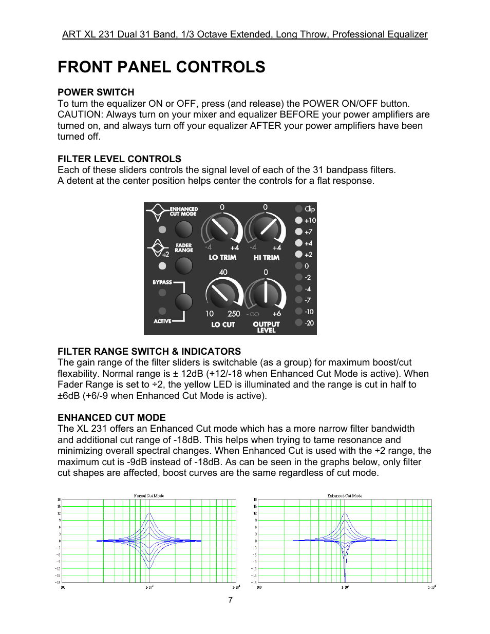 Front panel controls | ART Pro Audio XL231 - Dual 31-Band, 1/3 Octave, Graphic EQ User Manual | Page 7 / 20