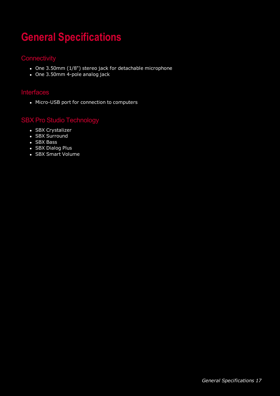 General specifications, Connectivity, Interfaces | Sbx pro studio technology | Ready-Set-Mount Creative Tactic 3D Range GH0230 User Manual | Page 18 / 27
