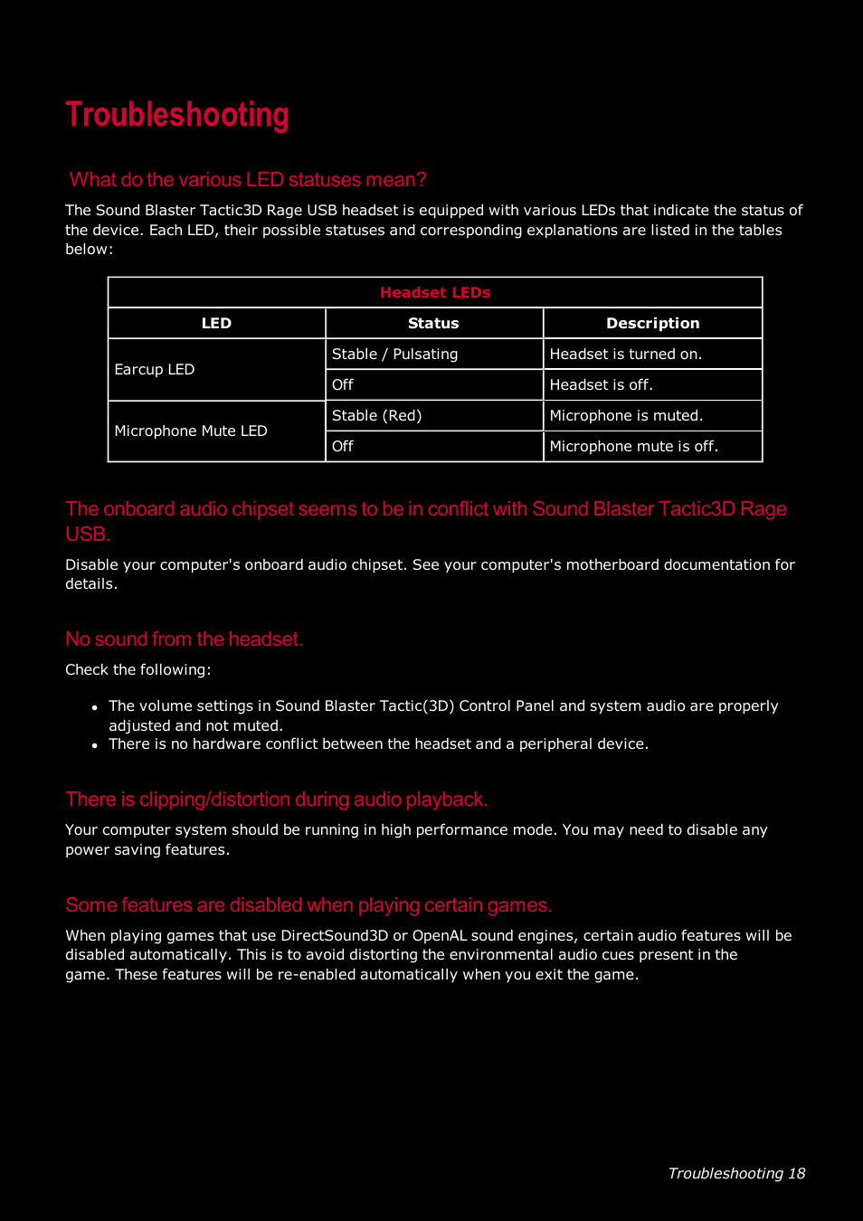 Troubleshooting, What do the various led statuses mean, No sound from the headset | There is clipping/distortion during audio playback | Ready-Set-Mount Creative Tactic 3D Range GH0230 User Manual | Page 19 / 27
