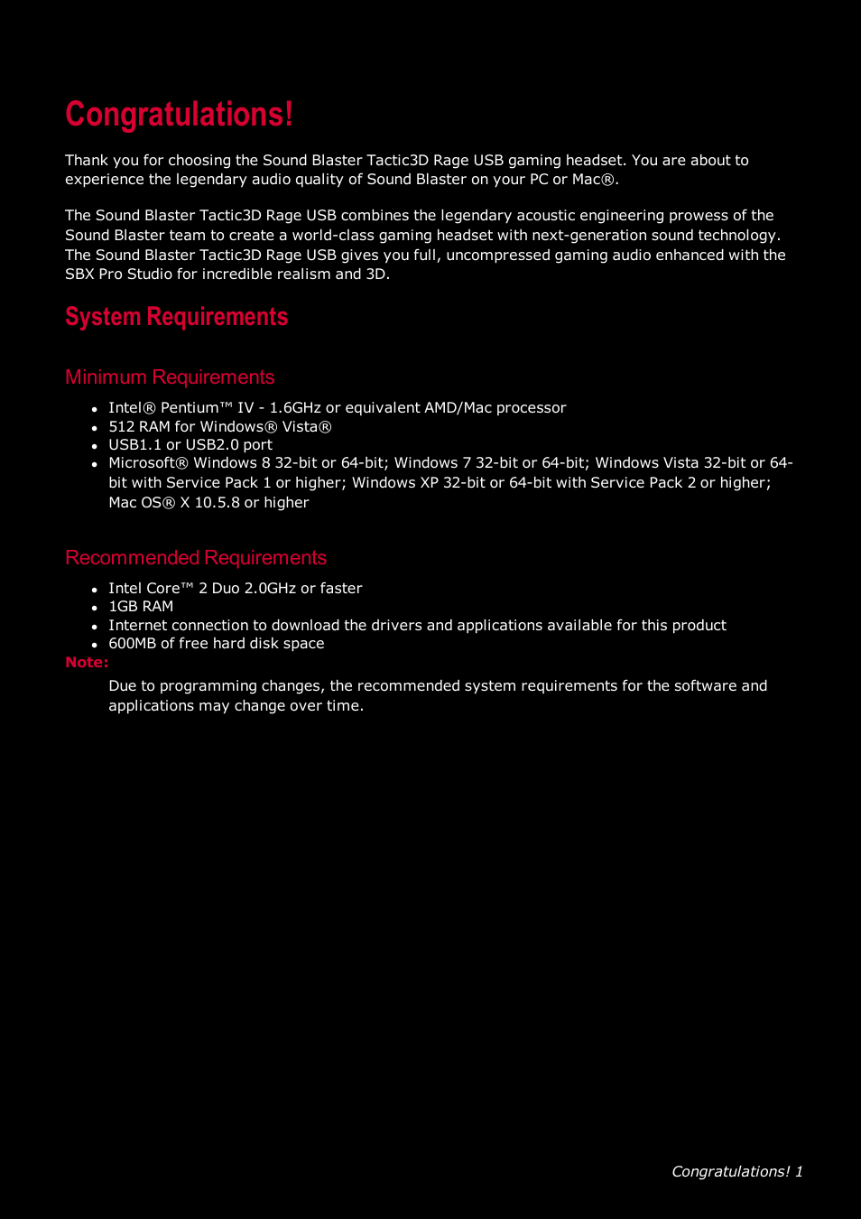 Congratulations, System requirements, Minimum requirements | Recommended requirements | Ready-Set-Mount Creative Tactic 3D Range GH0230 User Manual | Page 2 / 27