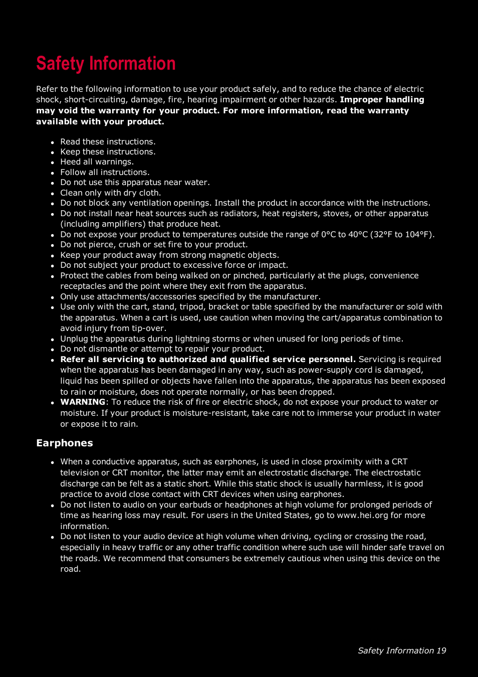Safety information, Earphones | Ready-Set-Mount Creative Tactic 3D Range GH0230 User Manual | Page 20 / 27