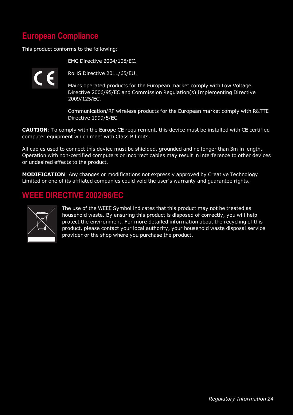 European compliance, Weee directive 2002/96/ec | Ready-Set-Mount Creative Tactic 3D Range GH0230 User Manual | Page 25 / 27