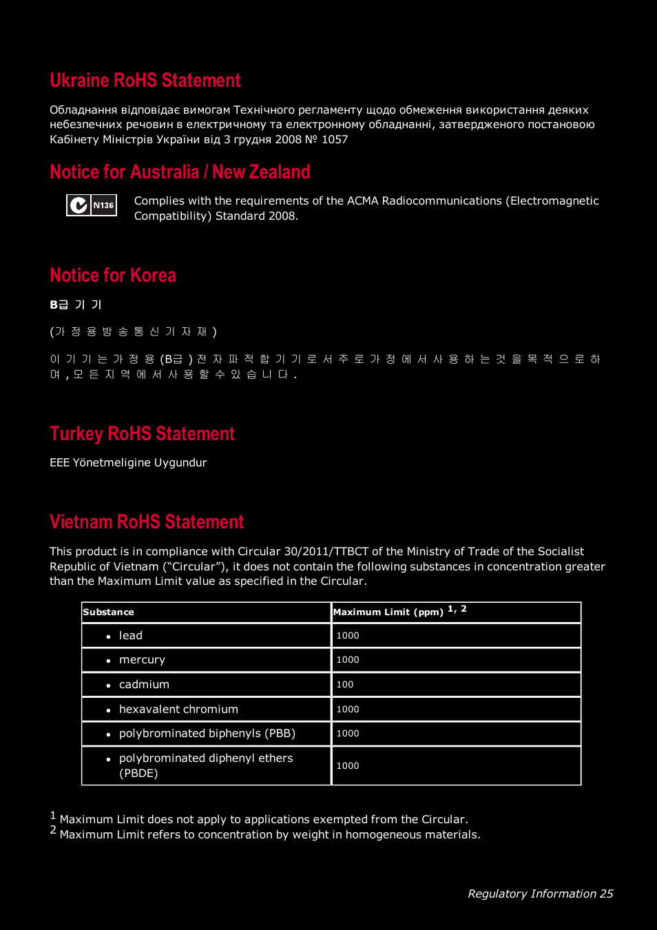 Ukraine rohs statement, Notice for australia / new zealand, Notice for korea | Turkey rohs statement, Vietnam rohs statement | Ready-Set-Mount Creative Tactic 3D Range GH0230 User Manual | Page 26 / 27