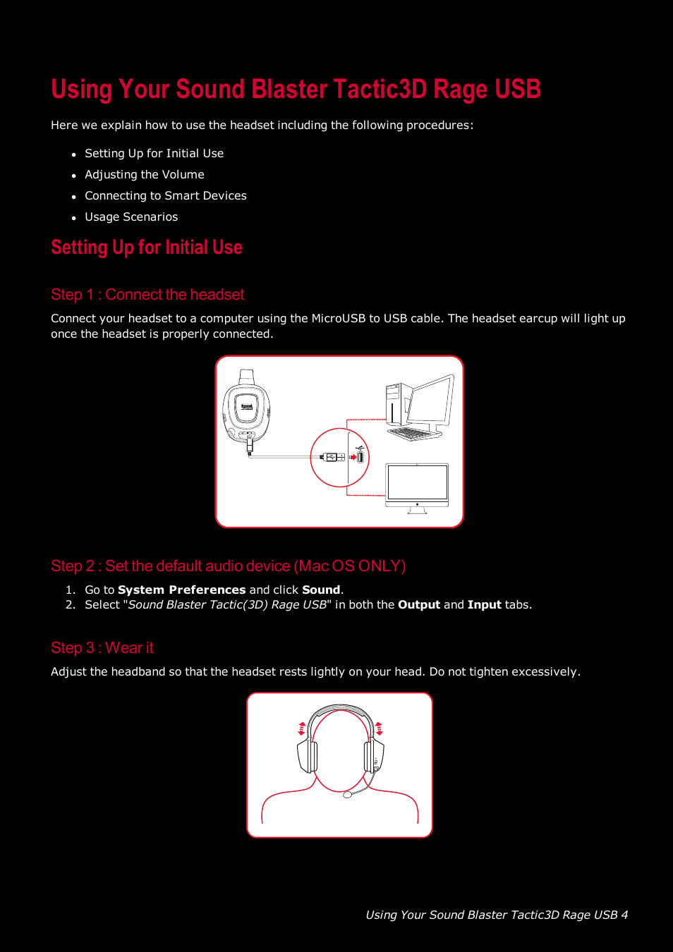 Using your sound blaster tactic3d rage usb, Setting up for initial use, Step 1 : connect the headset | Step 3 : wear it | Ready-Set-Mount Creative Tactic 3D Range GH0230 User Manual | Page 5 / 27