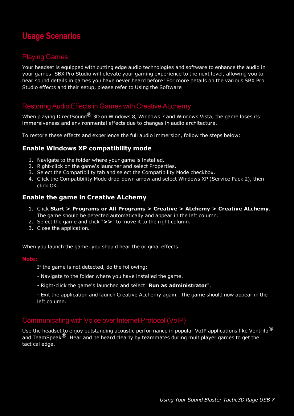 Usage scenarios, Playing games, Enable windows xp compatibility mode | Enable the game in creative alchemy | Ready-Set-Mount Creative Tactic 3D Range GH0230 User Manual | Page 8 / 27