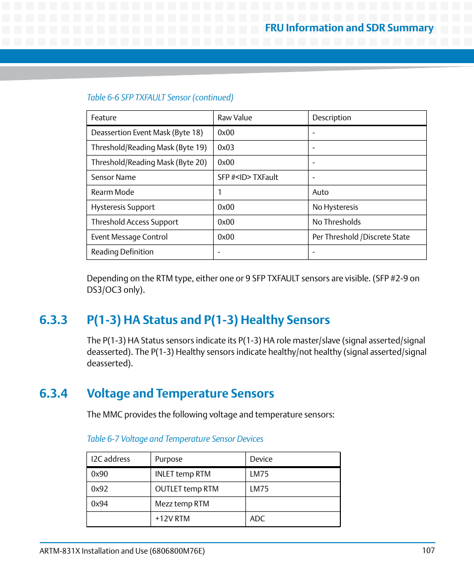 3 p(1-3) ha status and p(1-3) healthy sensors, 4 voltage and temperature sensors, Table 6-7 | Voltage and temperature sensor devices, Fru information and sdr summary | Artesyn ARTM-831X Installation and Use (June 2014) User Manual | Page 107 / 346