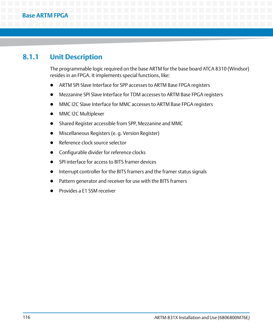 1 unit description, Base artm fpga | Artesyn ARTM-831X Installation and Use (June 2014) User Manual | Page 116 / 346
