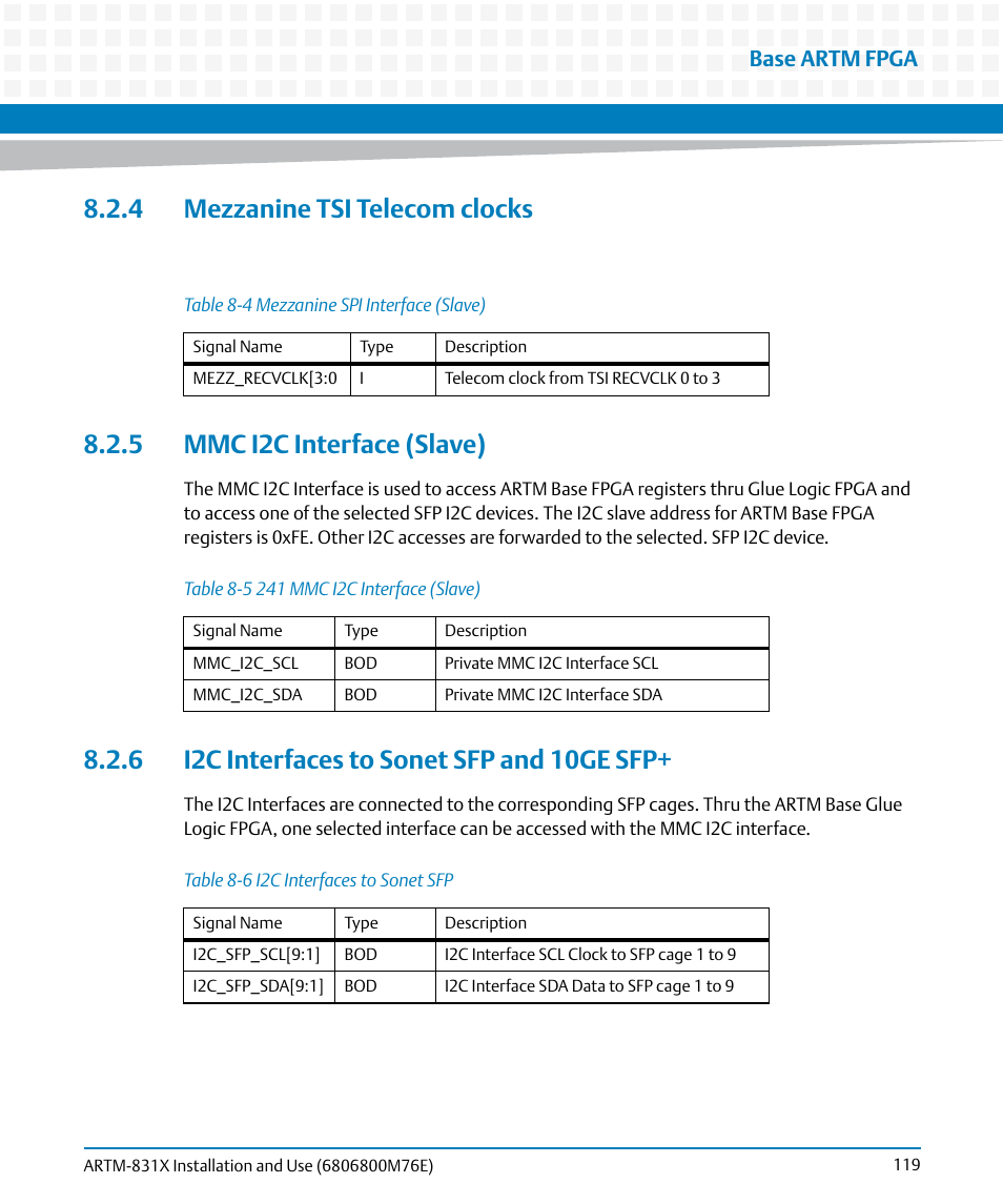 4 mezzanine tsi telecom clocks, 5 mmc i2c interface (slave), 6 i2c interfaces to sonet sfp and 10ge sfp | Table 8-4, Mezzanine spi interface (slave), Table 8-5, 241 mmc i2c interface (slave), Table 8-6, I2c interfaces to sonet sfp, Base artm fpga | Artesyn ARTM-831X Installation and Use (June 2014) User Manual | Page 119 / 346