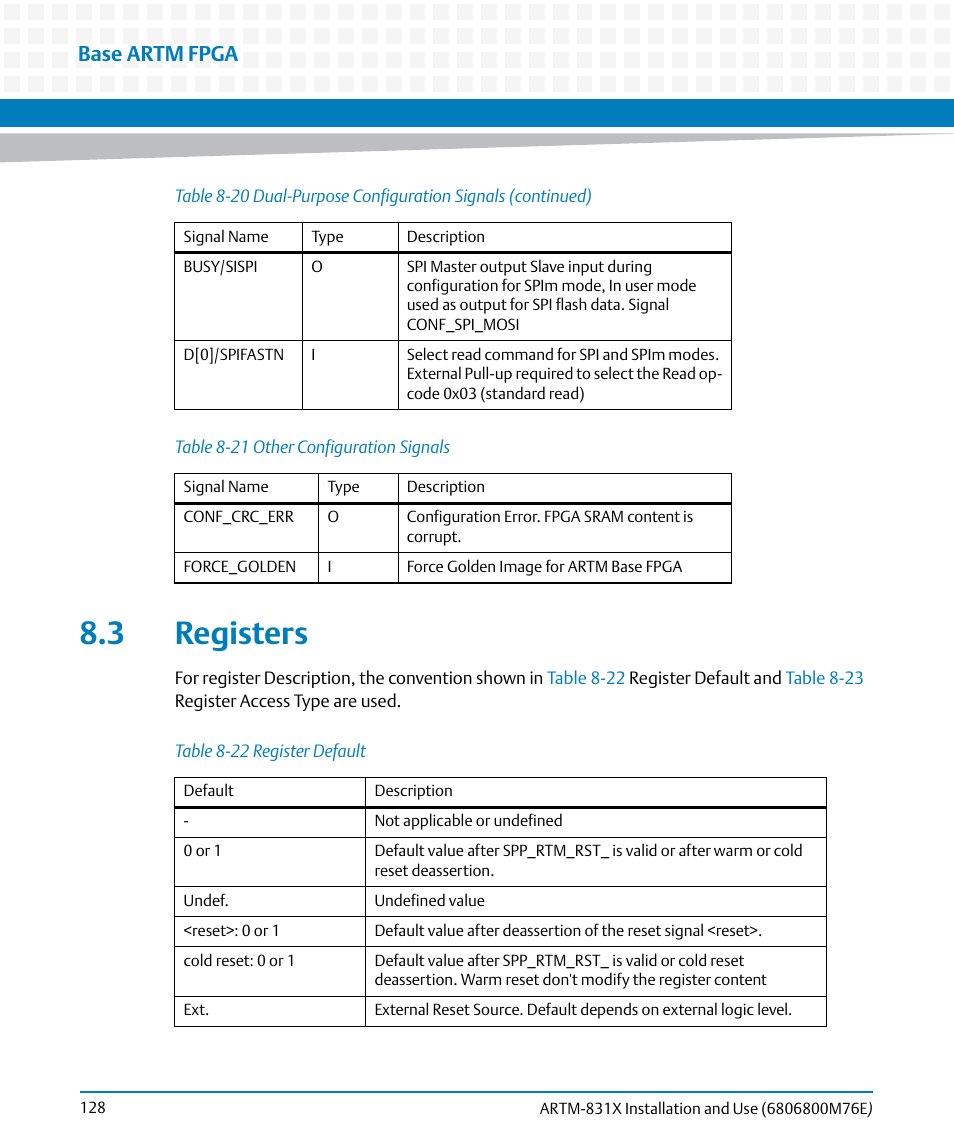 3 registers, Table 8-21, Other configuration signals | Table 8-22, Register default, Base artm fpga | Artesyn ARTM-831X Installation and Use (June 2014) User Manual | Page 128 / 346