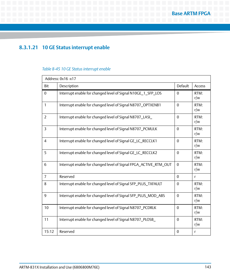 21 10 ge status interrupt enable, Table 8-45, 10 ge status interrupt enable | Base artm fpga | Artesyn ARTM-831X Installation and Use (June 2014) User Manual | Page 143 / 346