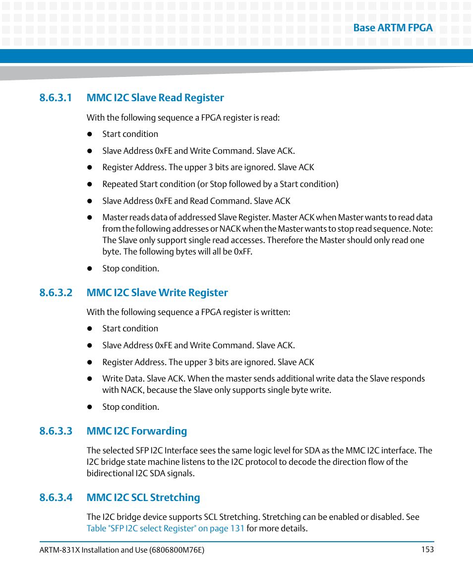 1 mmc i2c slave read register, 2 mmc i2c slave write register, 3 mmc i2c forwarding | 4 mmc i2c scl stretching, Base artm fpga | Artesyn ARTM-831X Installation and Use (June 2014) User Manual | Page 153 / 346