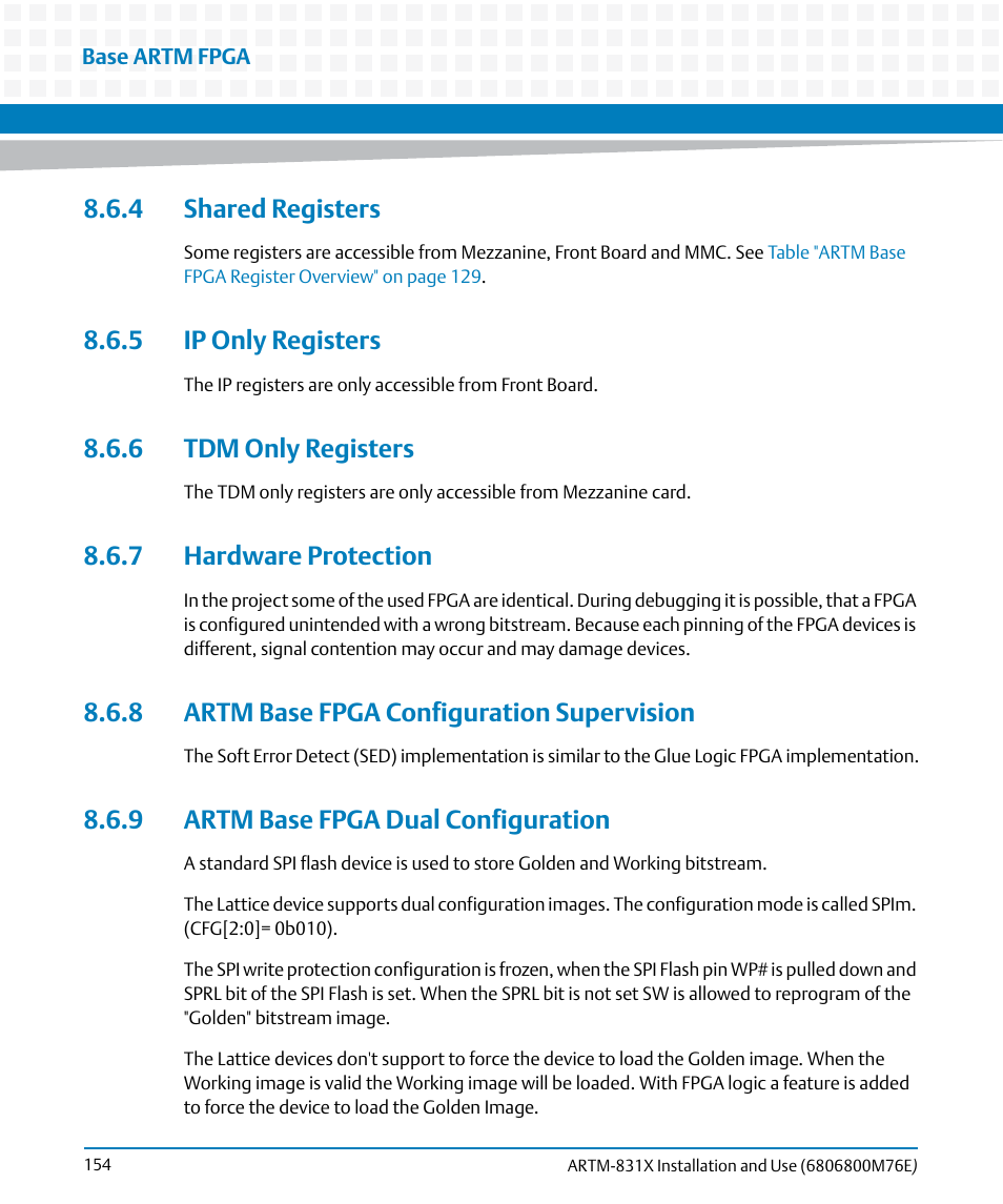 4 shared registers, 5 ip only registers, 6 tdm only registers | 7 hardware protection, 8 artm base fpga configuration supervision, 9 artm base fpga dual configuration | Artesyn ARTM-831X Installation and Use (June 2014) User Manual | Page 154 / 346
