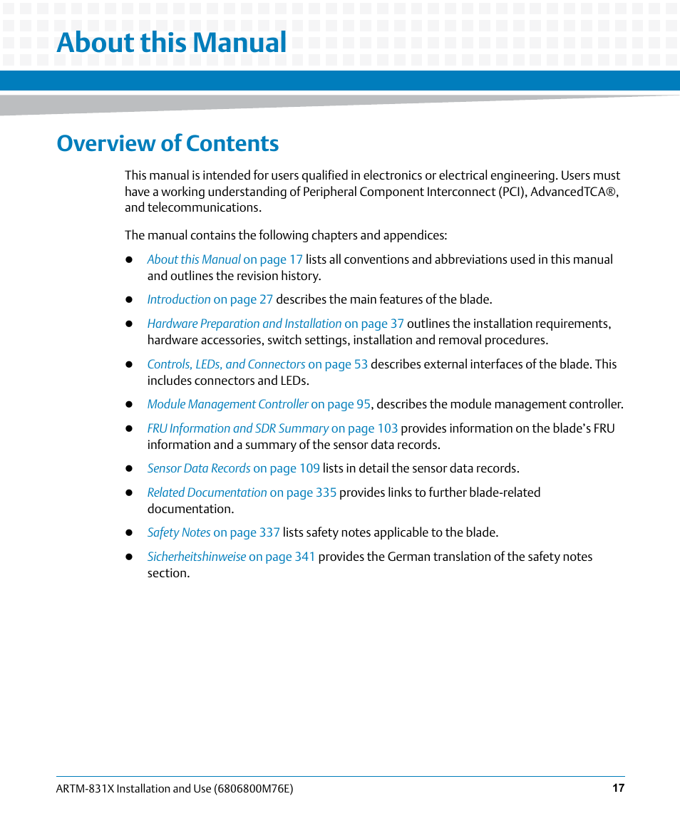 About this manual, Overview of contents | Artesyn ARTM-831X Installation and Use (June 2014) User Manual | Page 17 / 346