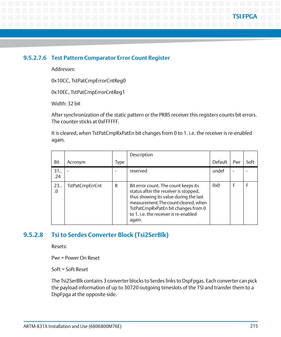 8 tsi to serdes converter block (tsi2serblk), Tsi fpga | Artesyn ARTM-831X Installation and Use (June 2014) User Manual | Page 215 / 346