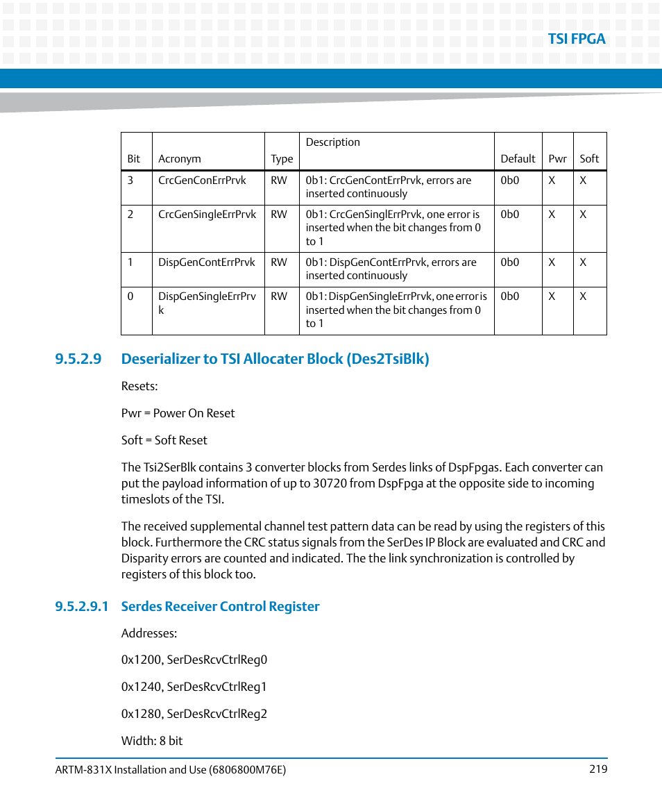 9 deserializer to tsi allocater block (des2tsiblk), Tsi fpga | Artesyn ARTM-831X Installation and Use (June 2014) User Manual | Page 219 / 346