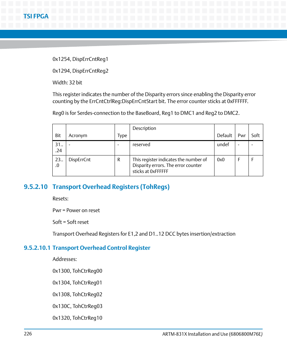 10 transport overhead registers (tohregs), Tsi fpga | Artesyn ARTM-831X Installation and Use (June 2014) User Manual | Page 226 / 346