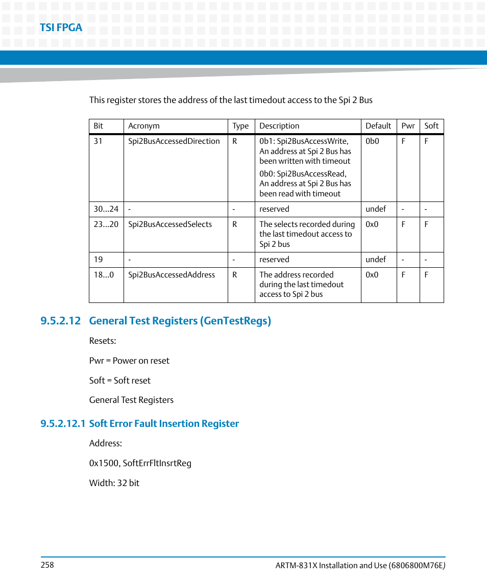 12 general test registers (gentestregs), Tsi fpga | Artesyn ARTM-831X Installation and Use (June 2014) User Manual | Page 258 / 346