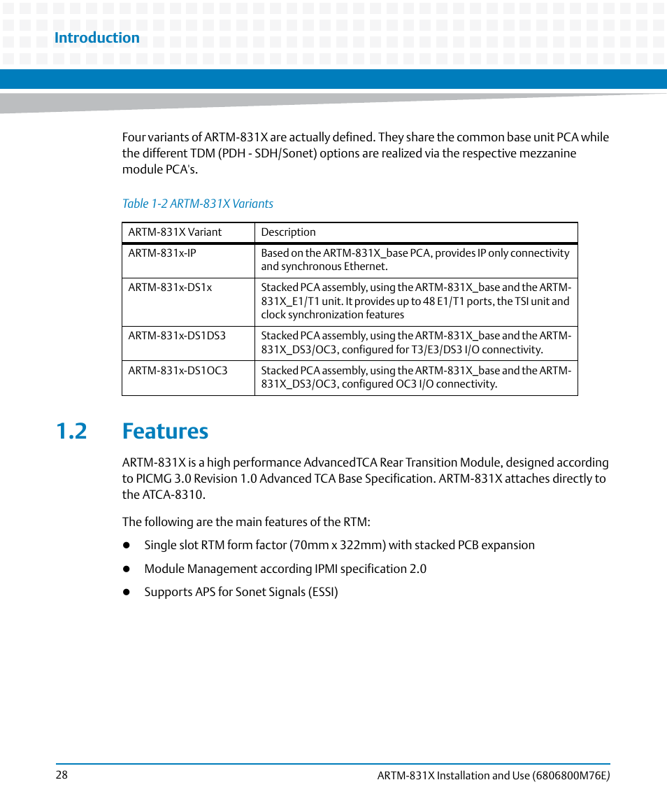 2 features, Table 1-2, Artm-831x variants | Introduction | Artesyn ARTM-831X Installation and Use (June 2014) User Manual | Page 28 / 346