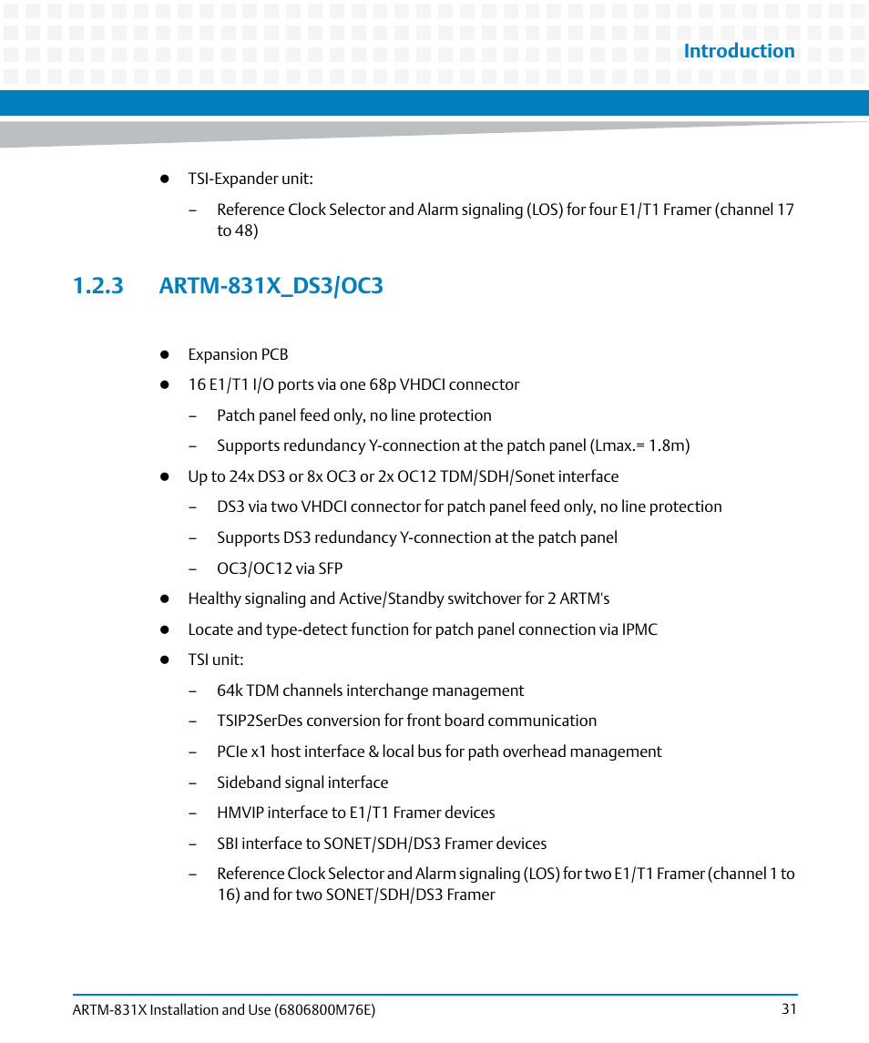 3 artm-831x_ds3/oc3, Chapter 1, artm-831x_ds3/oc3, on, Introduction | Artesyn ARTM-831X Installation and Use (June 2014) User Manual | Page 31 / 346