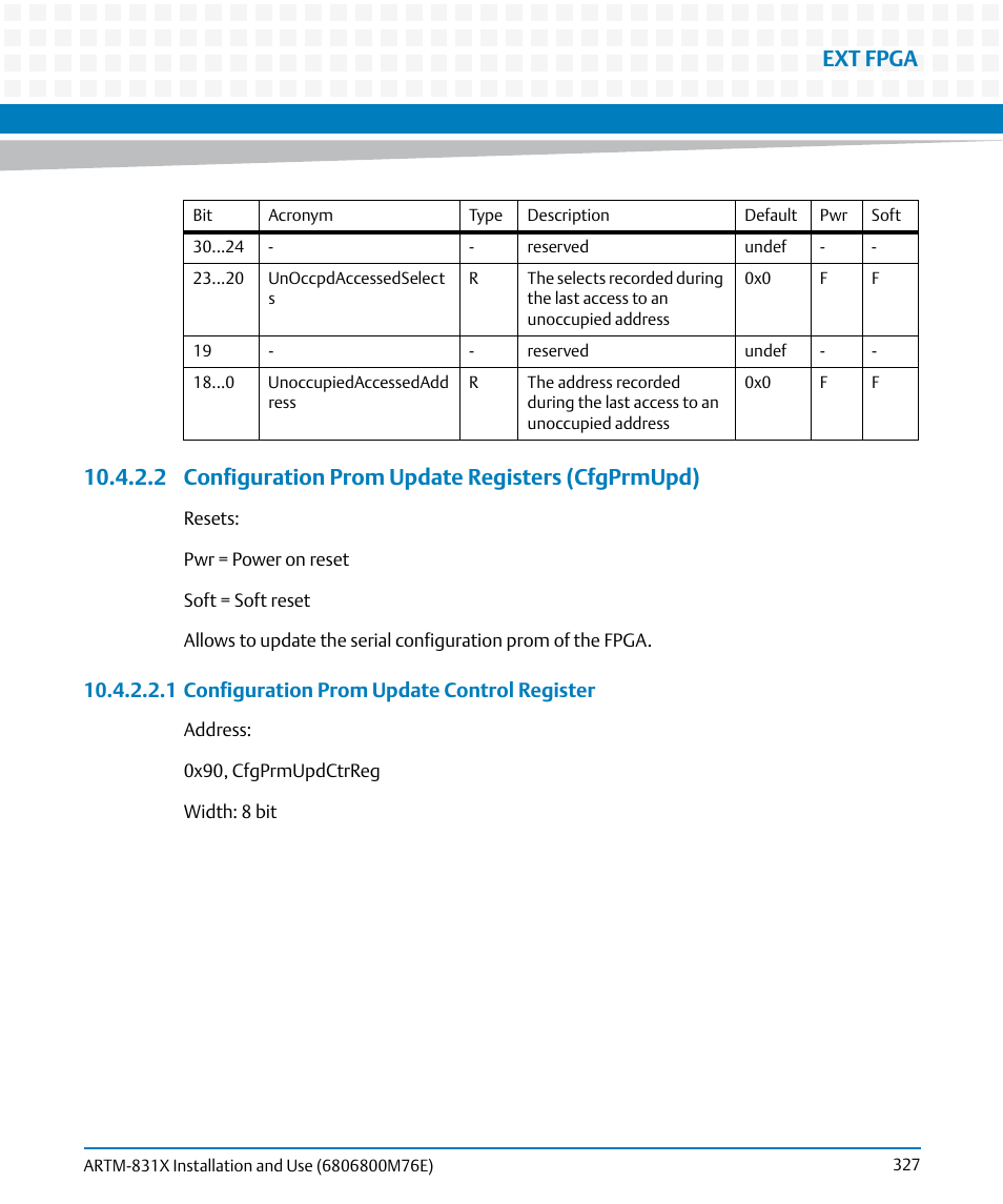 2 configuration prom update registers (cfgprmupd), Ext fpga | Artesyn ARTM-831X Installation and Use (June 2014) User Manual | Page 327 / 346