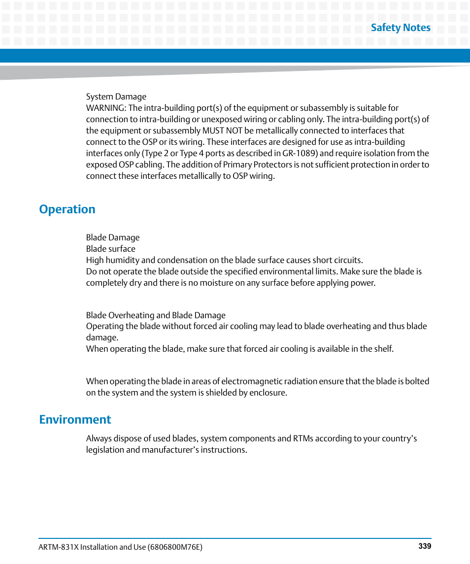 Operation, Environment | Artesyn ARTM-831X Installation and Use (June 2014) User Manual | Page 339 / 346