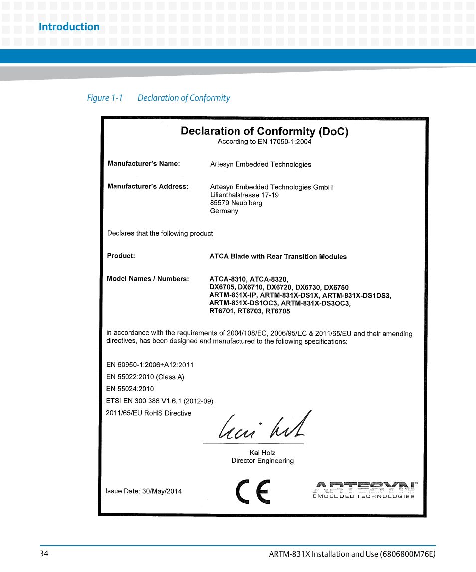 Figure 1-1, Declaration of conformity, Introduction | Artesyn ARTM-831X Installation and Use (June 2014) User Manual | Page 34 / 346