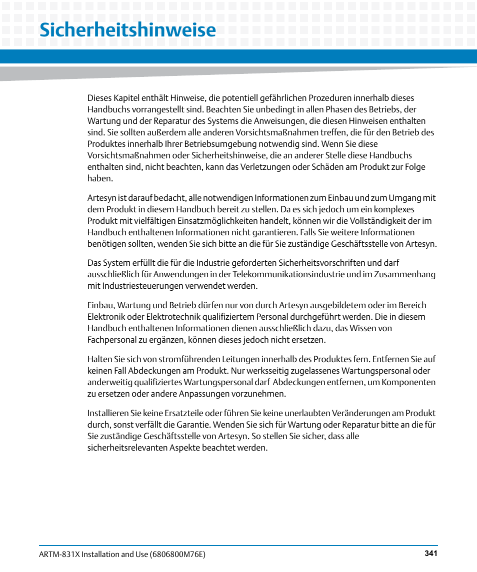 Sicherheitshinweise | Artesyn ARTM-831X Installation and Use (June 2014) User Manual | Page 341 / 346