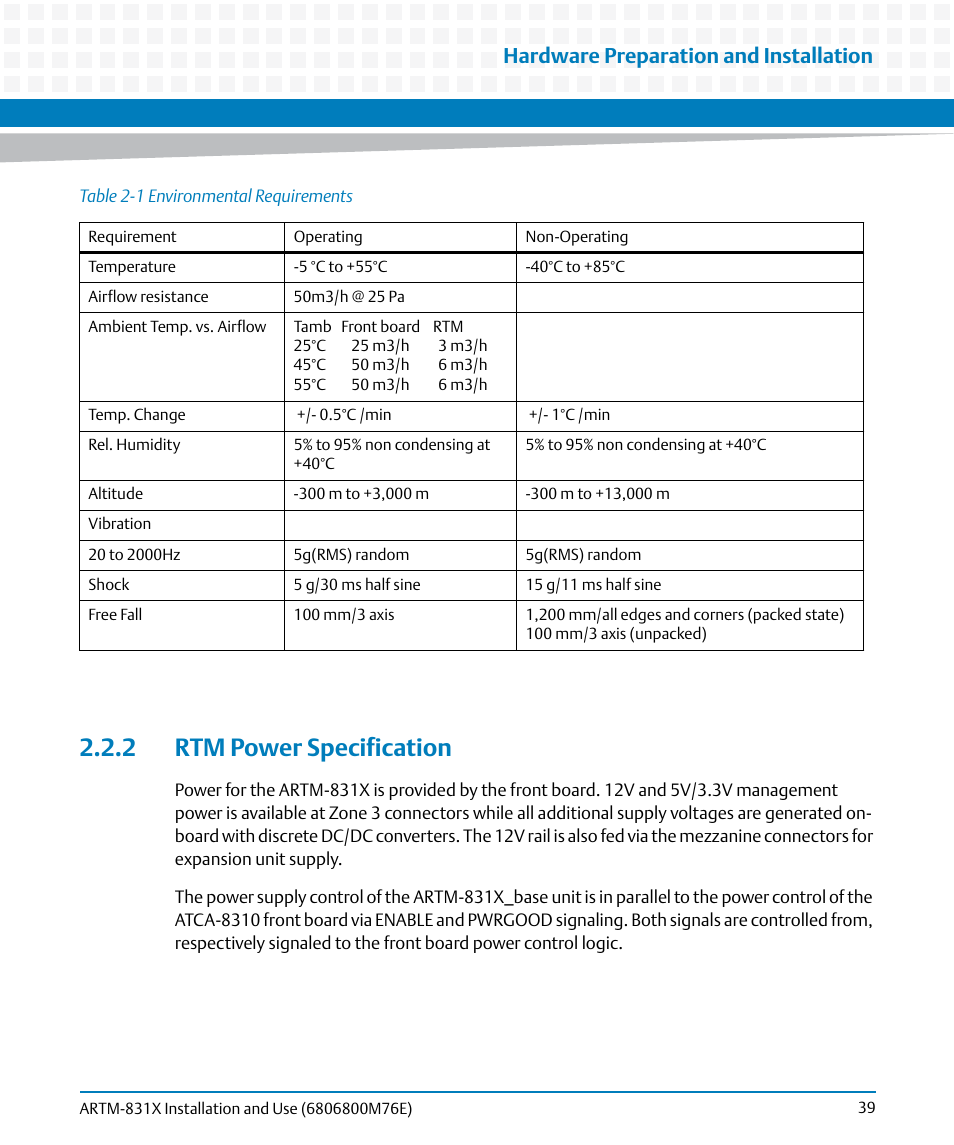 2 rtm power specification, Table 2-1, Environmental requirements | Hardware preparation and installation | Artesyn ARTM-831X Installation and Use (June 2014) User Manual | Page 39 / 346