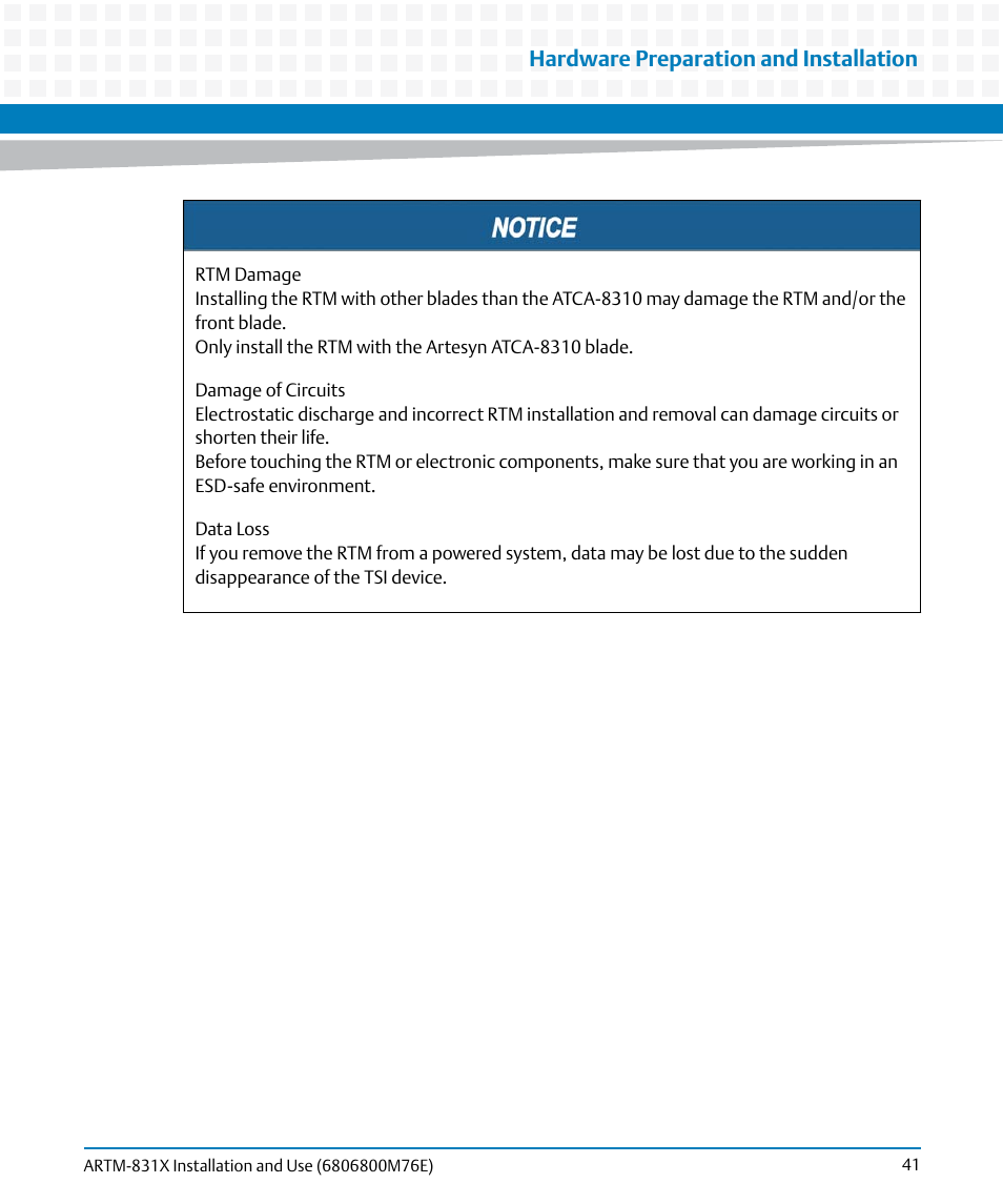 Hardware preparation and installation | Artesyn ARTM-831X Installation and Use (June 2014) User Manual | Page 41 / 346