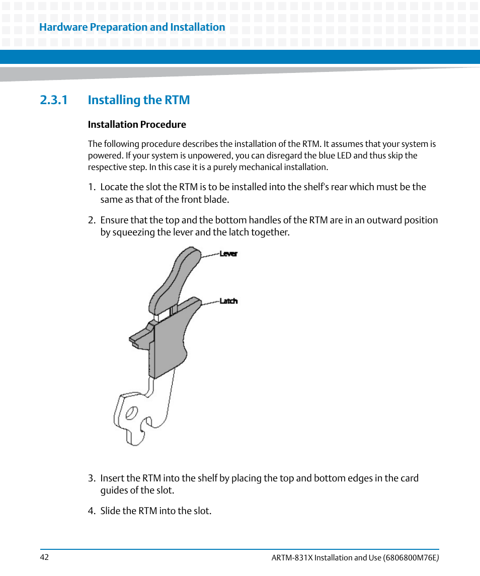 1 installing the rtm | Artesyn ARTM-831X Installation and Use (June 2014) User Manual | Page 42 / 346