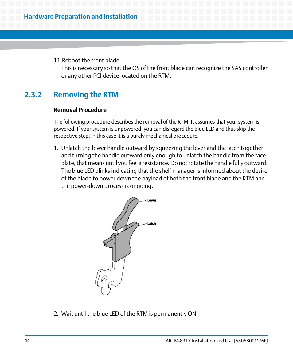 2 removing the rtm | Artesyn ARTM-831X Installation and Use (June 2014) User Manual | Page 44 / 346
