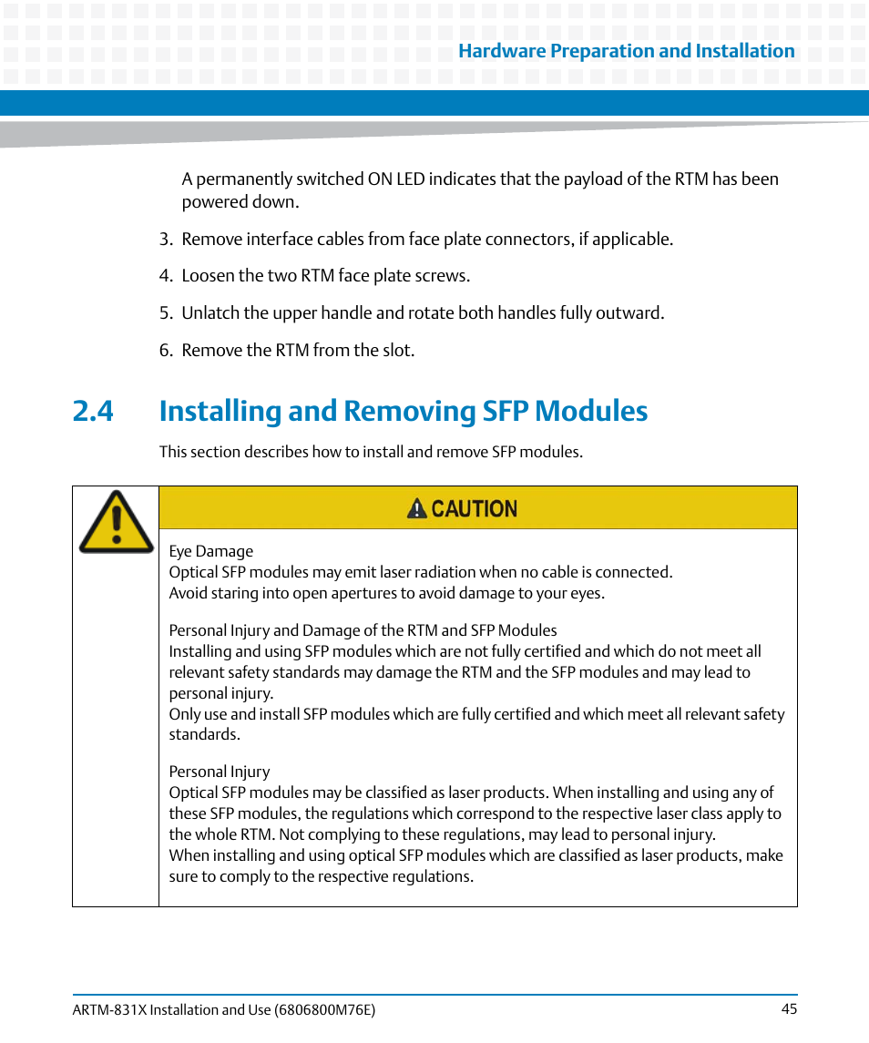 4 installing and removing sfp modules | Artesyn ARTM-831X Installation and Use (June 2014) User Manual | Page 45 / 346