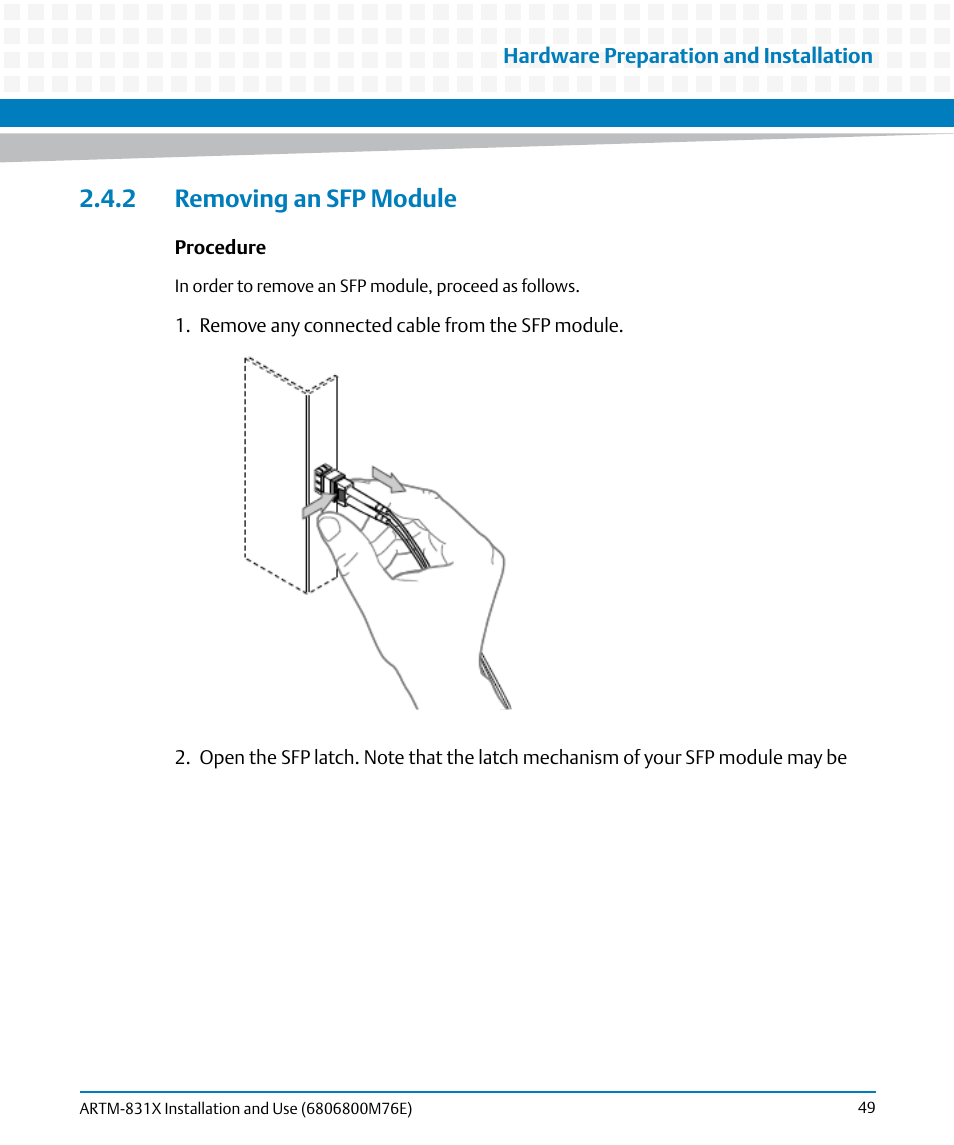 2 removing an sfp module | Artesyn ARTM-831X Installation and Use (June 2014) User Manual | Page 49 / 346