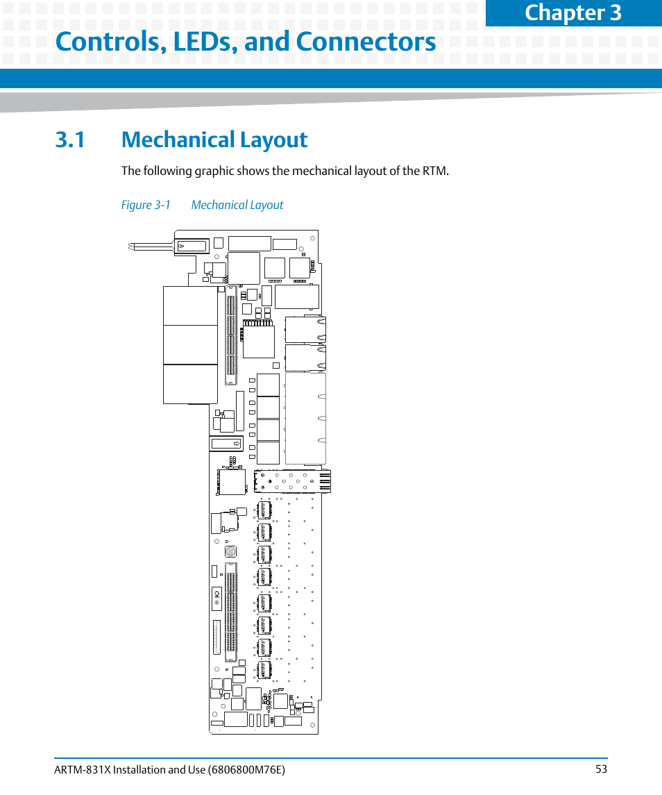 Controls, leds, and connectors, 1 mechanical layout, Figure 3-1 | Mechanical layout, Chapter 3 | Artesyn ARTM-831X Installation and Use (June 2014) User Manual | Page 53 / 346